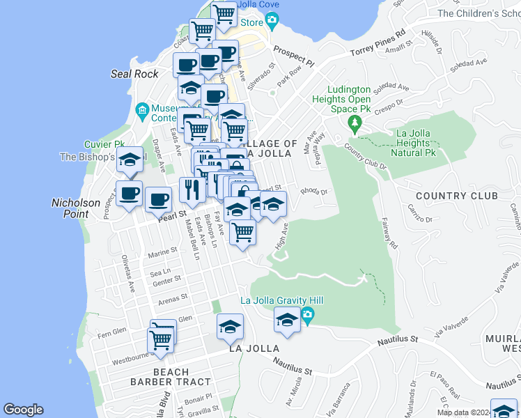 map of restaurants, bars, coffee shops, grocery stores, and more near 1111 Marine Street in San Diego
