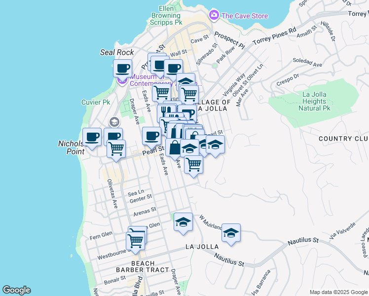 map of restaurants, bars, coffee shops, grocery stores, and more near 915 Pearl Street in San Diego