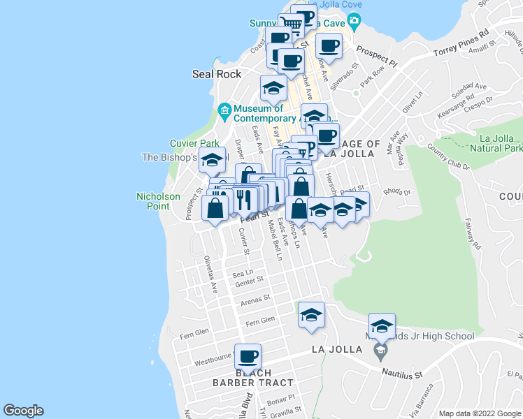map of restaurants, bars, coffee shops, grocery stores, and more near 701 Pearl Street in San Diego