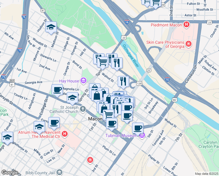 map of restaurants, bars, coffee shops, grocery stores, and more near in Macon