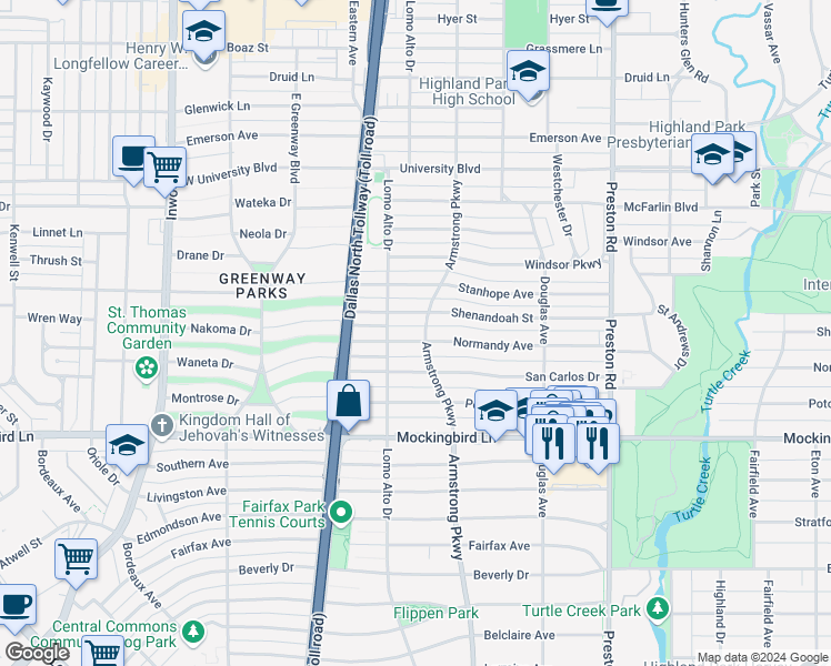 map of restaurants, bars, coffee shops, grocery stores, and more near 5921 Armstrong Parkway in Dallas
