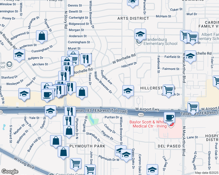 map of restaurants, bars, coffee shops, grocery stores, and more near in Irving