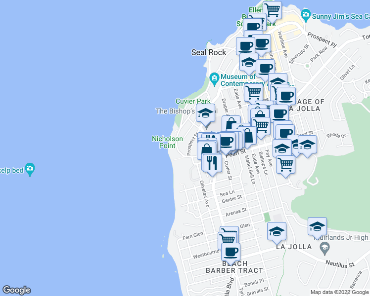 map of restaurants, bars, coffee shops, grocery stores, and more near 101c Coast Boulevard in San Diego