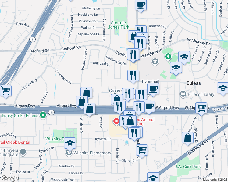 map of restaurants, bars, coffee shops, grocery stores, and more near 4032 Granite Drive in Bedford
