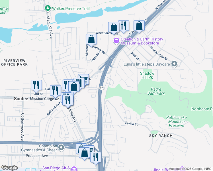 map of restaurants, bars, coffee shops, grocery stores, and more near 3022 Cole Grade Drive in Santee