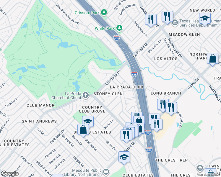 map of restaurants, bars, coffee shops, grocery stores, and more near 2520 Brook Hollow Court in Mesquite