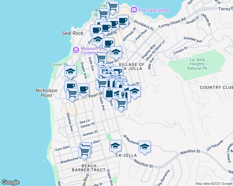 map of restaurants, bars, coffee shops, grocery stores, and more near 915 Pearl Street in San Diego
