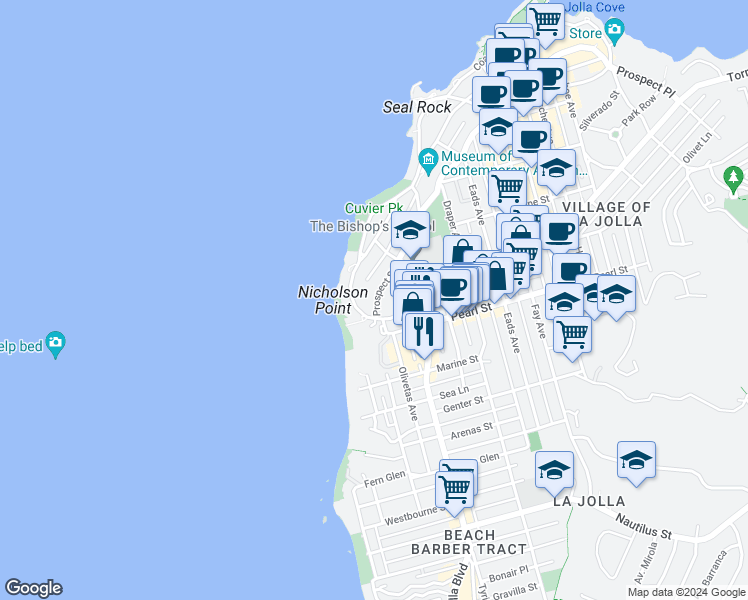 map of restaurants, bars, coffee shops, grocery stores, and more near 230 Prospect Street in La Jolla