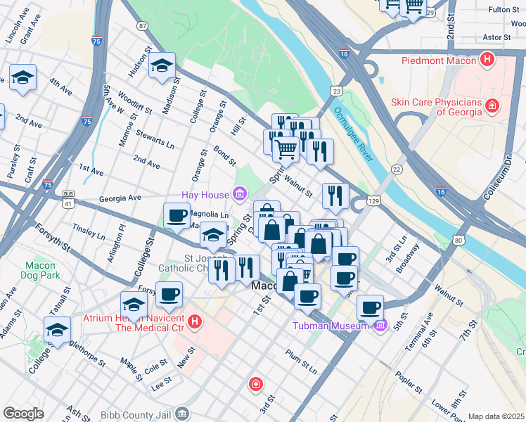 map of restaurants, bars, coffee shops, grocery stores, and more near 876 Mulberry Street in Macon