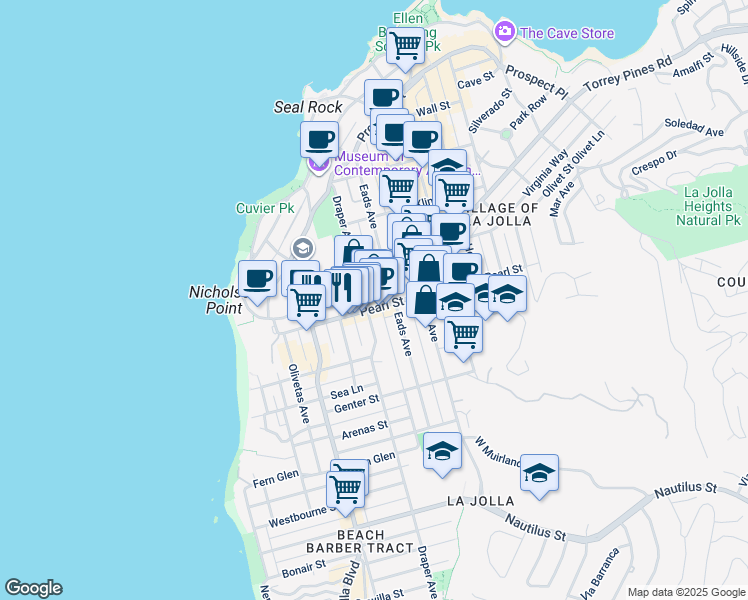 map of restaurants, bars, coffee shops, grocery stores, and more near 7509 Draper Avenue in San Diego