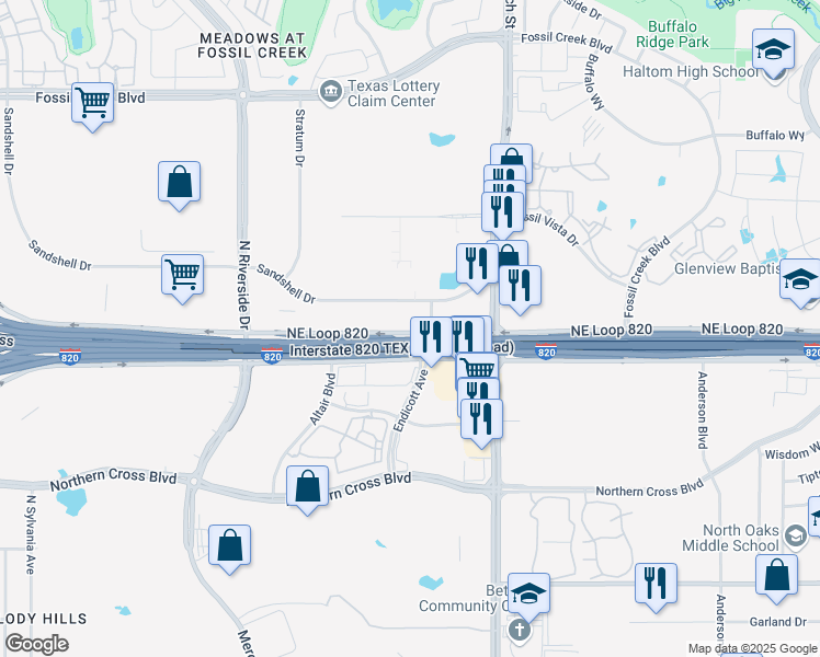 map of restaurants, bars, coffee shops, grocery stores, and more near 3751 Northeast Loop 820 Service Road South in Fort Worth