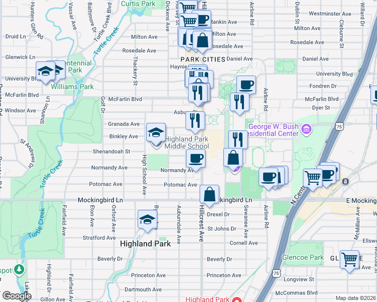 map of restaurants, bars, coffee shops, grocery stores, and more near 5933 Hillcrest Avenue in Dallas