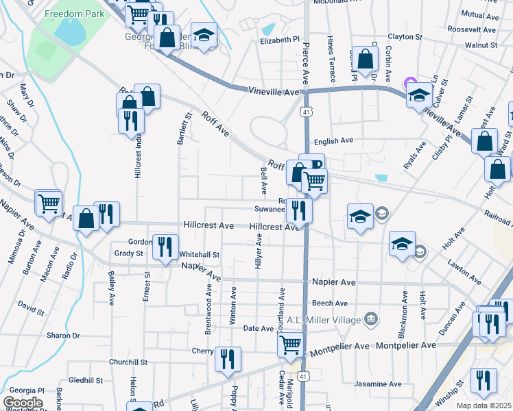 map of restaurants, bars, coffee shops, grocery stores, and more near 2709 Suwanee Avenue in Macon