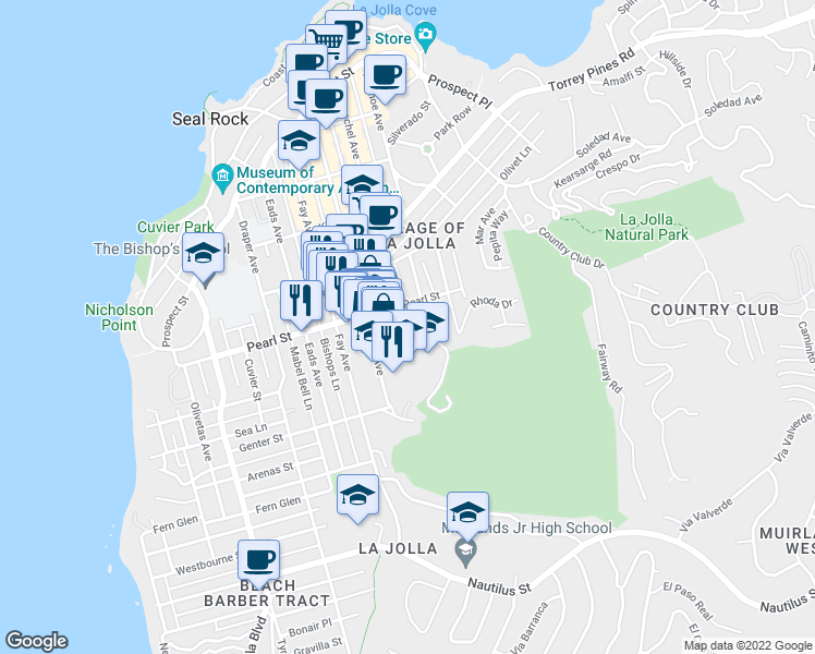 map of restaurants, bars, coffee shops, grocery stores, and more near 1111 Marine Street in San Diego