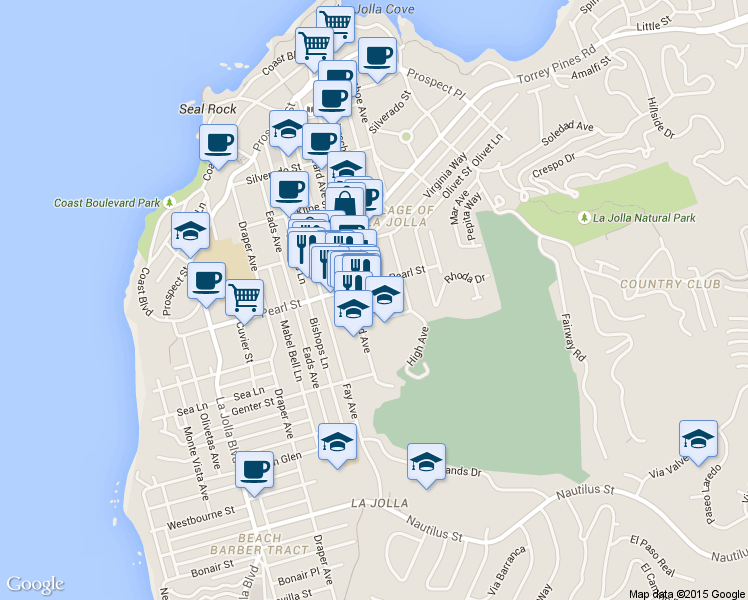 map of restaurants, bars, coffee shops, grocery stores, and more near 1111 Marine Street in San Diego