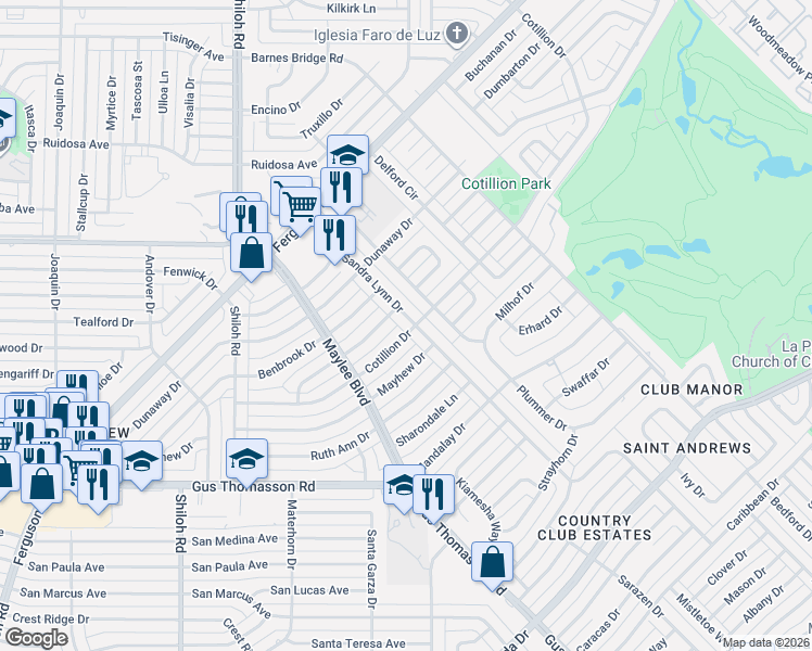 map of restaurants, bars, coffee shops, grocery stores, and more near 10375 Sandra Lynn Drive in Dallas