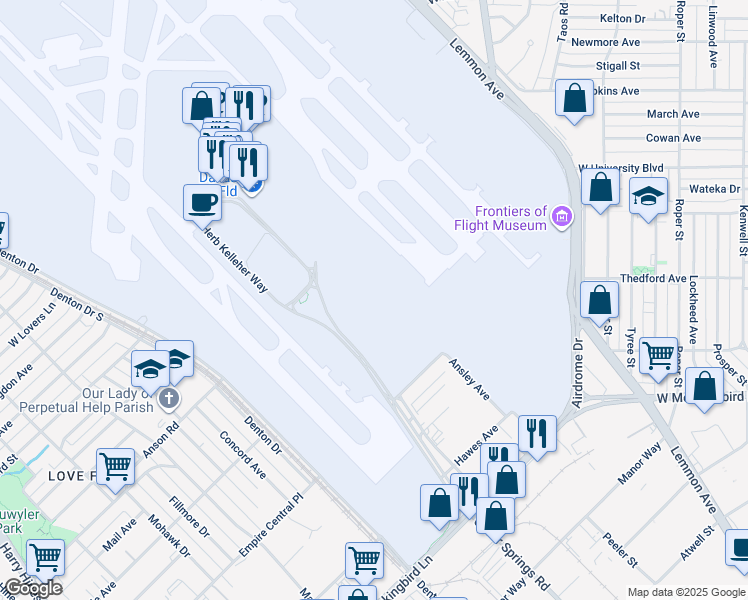 map of restaurants, bars, coffee shops, grocery stores, and more near 7001-8199 Aviation Place in Dallas