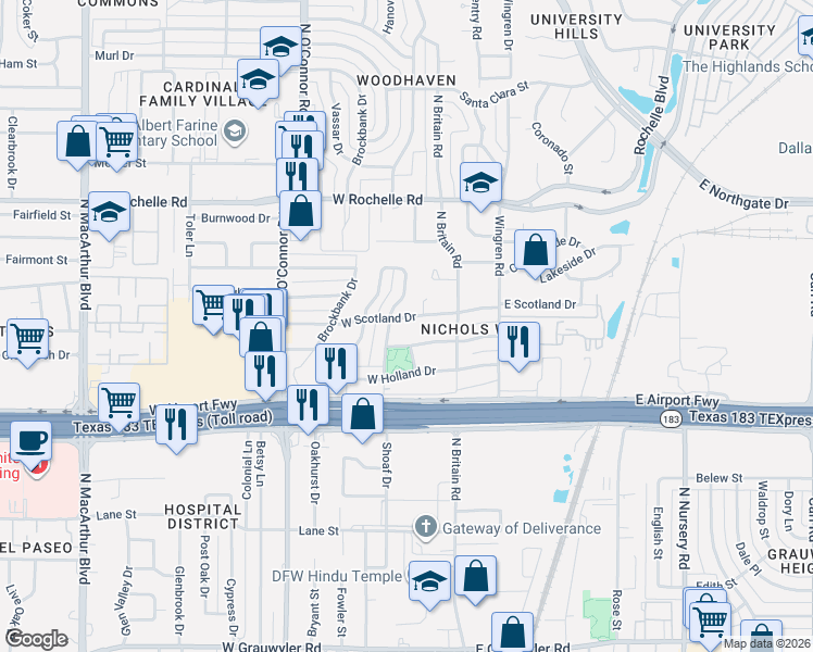 map of restaurants, bars, coffee shops, grocery stores, and more near 143 West Ireland Drive in Irving