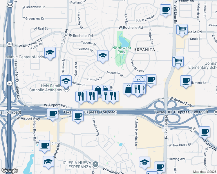 map of restaurants, bars, coffee shops, grocery stores, and more near 3810 Yellowstone Street in Irving