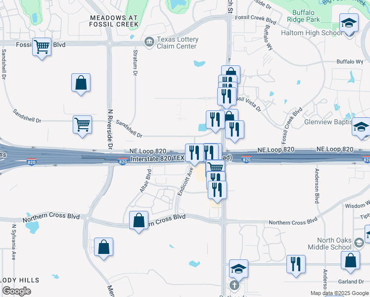 map of restaurants, bars, coffee shops, grocery stores, and more near 3701 Northeast Loop 820 in Fort Worth