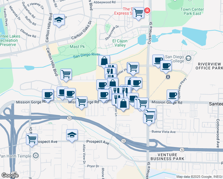 map of restaurants, bars, coffee shops, grocery stores, and more near 50 Town Center Parkway in Santee