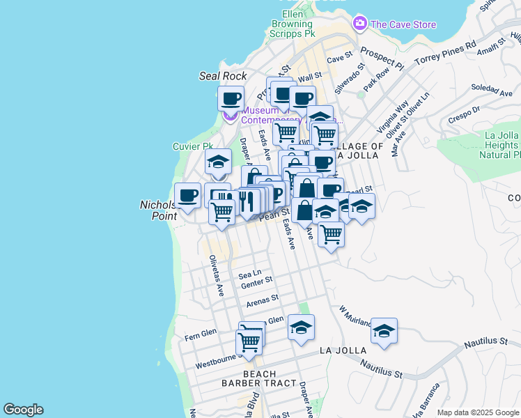 map of restaurants, bars, coffee shops, grocery stores, and more near 701 Pearl Street in San Diego
