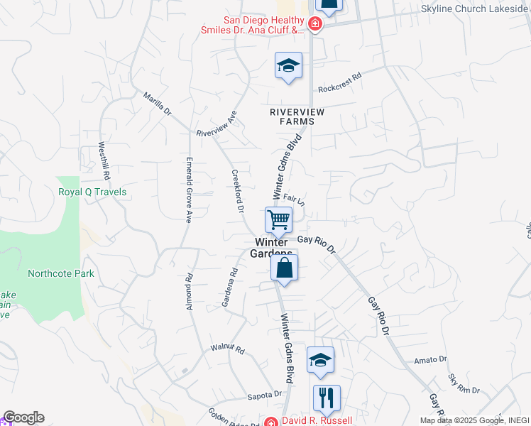 map of restaurants, bars, coffee shops, grocery stores, and more near 8968 Winter Gardens Boulevard in Lakeside