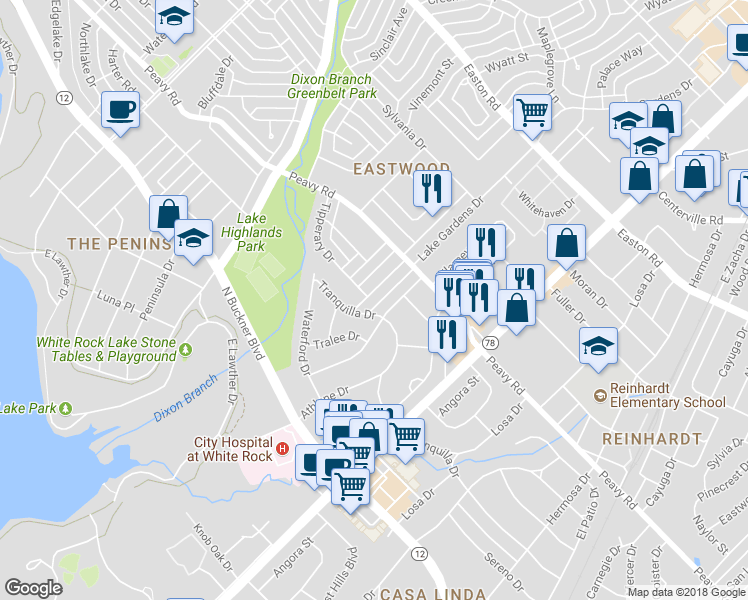 map of restaurants, bars, coffee shops, grocery stores, and more near 9822 Donegal Drive in Dallas