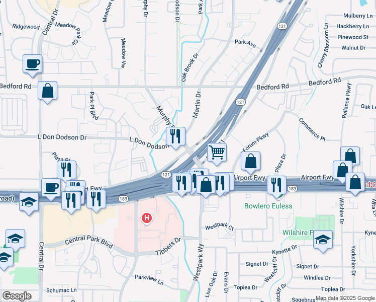 map of restaurants, bars, coffee shops, grocery stores, and more near Highway 121 & Murphy Drive in Bedford