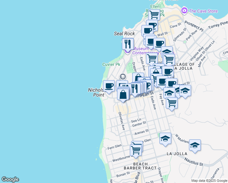 map of restaurants, bars, coffee shops, grocery stores, and more near 241 Prospect Street in San Diego
