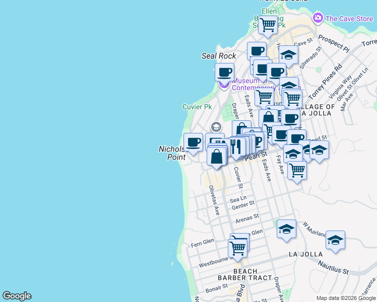map of restaurants, bars, coffee shops, grocery stores, and more near 101c Coast Boulevard in San Diego