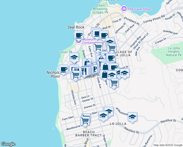 map of restaurants, bars, coffee shops, grocery stores, and more near 7509 Draper Avenue in San Diego