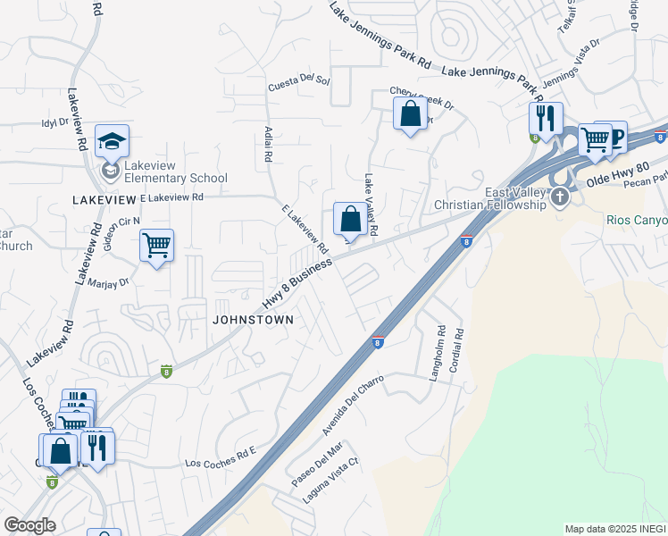 map of restaurants, bars, coffee shops, grocery stores, and more near 13689 Highway 8 Business in El Cajon