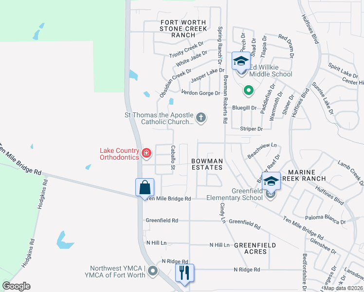 map of restaurants, bars, coffee shops, grocery stores, and more near 5812 Caballo Street in Fort Worth
