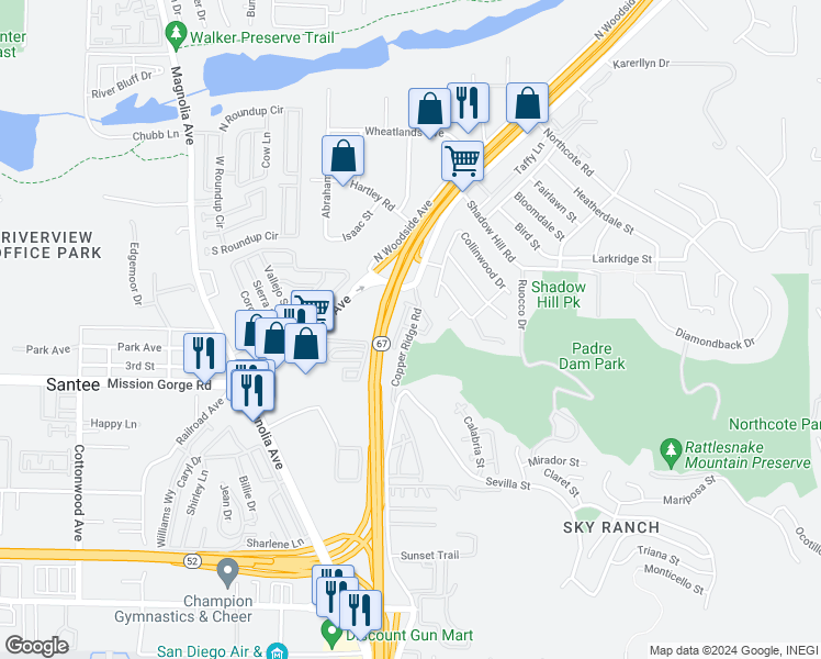 map of restaurants, bars, coffee shops, grocery stores, and more near 1018 Iron Wheel Street in Santee