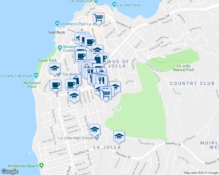 map of restaurants, bars, coffee shops, grocery stores, and more near 1111 Marine Street in San Diego