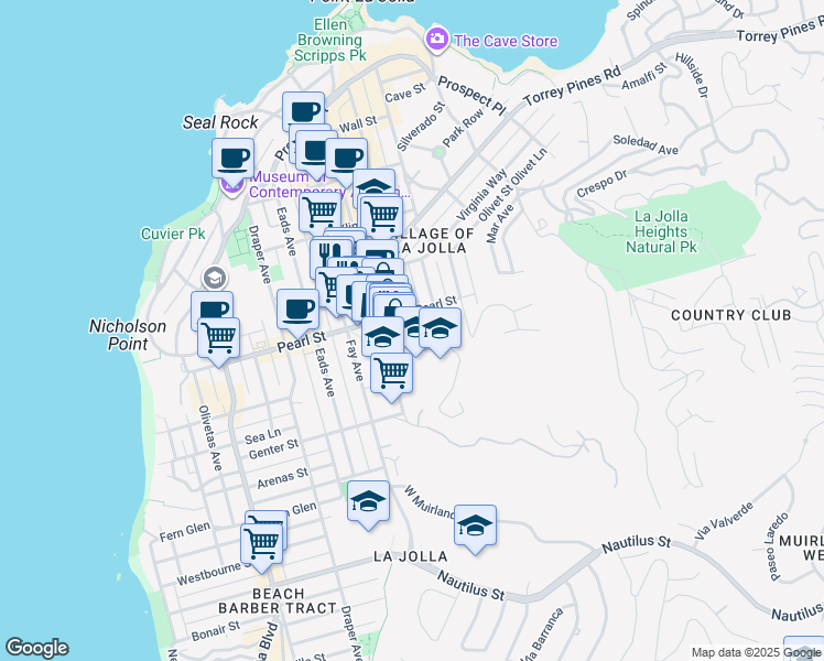 map of restaurants, bars, coffee shops, grocery stores, and more near 1111 Marine Street in San Diego