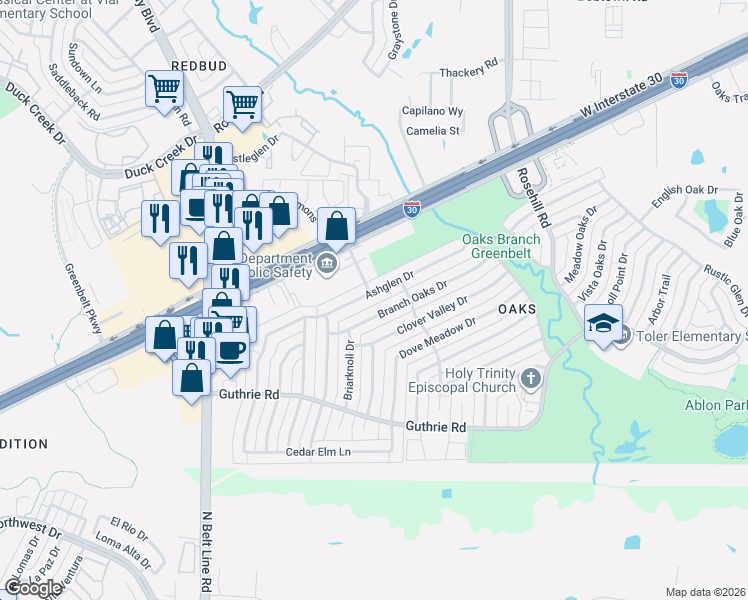 map of restaurants, bars, coffee shops, grocery stores, and more near 2710 Branch Oaks Drive in Garland