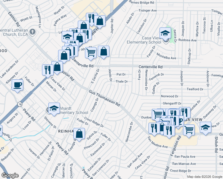 map of restaurants, bars, coffee shops, grocery stores, and more near 10622 Sylvia Drive in Dallas