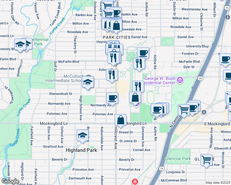 map of restaurants, bars, coffee shops, grocery stores, and more near 5913 Hillcrest Avenue in Dallas