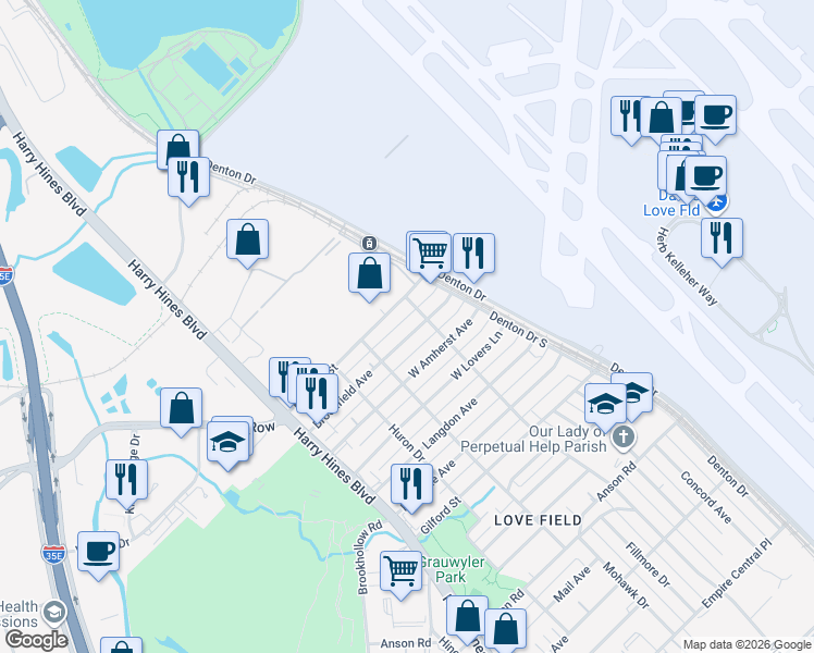 map of restaurants, bars, coffee shops, grocery stores, and more near 2318 Brookfield Ave in Dallas