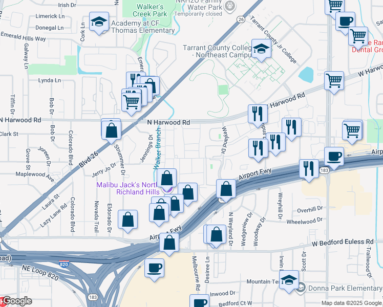 map of restaurants, bars, coffee shops, grocery stores, and more near 8500 North Harwood Road in North Richland Hills