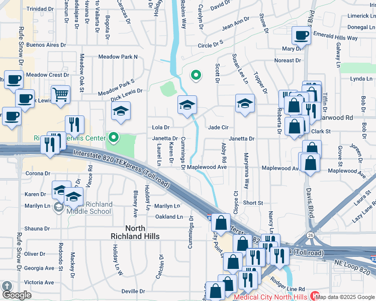 map of restaurants, bars, coffee shops, grocery stores, and more near 7450 Gentling Place Court in Fort Worth