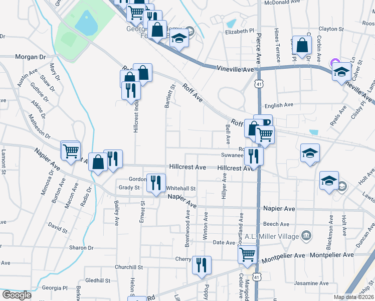 map of restaurants, bars, coffee shops, grocery stores, and more near 2787 Hillcrest Avenue in Macon