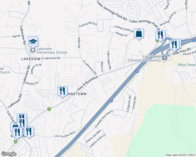 map of restaurants, bars, coffee shops, grocery stores, and more near 13689 Highway 8 Business in El Cajon