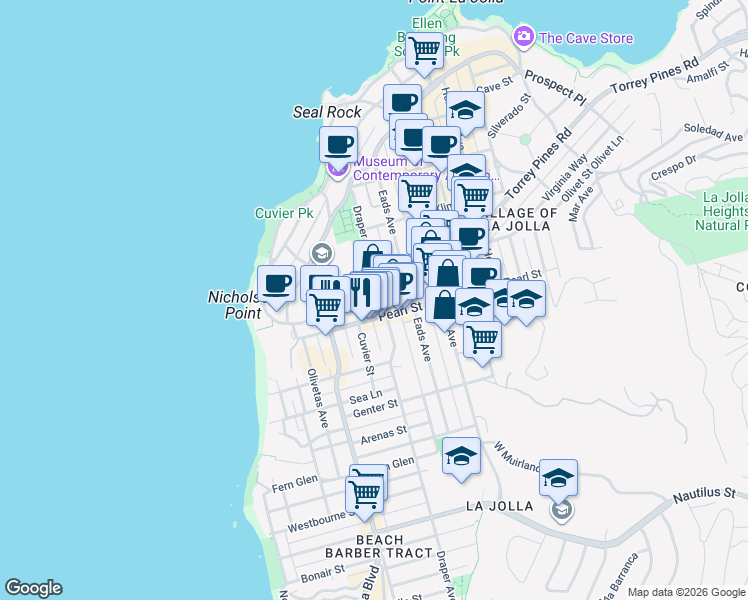 map of restaurants, bars, coffee shops, grocery stores, and more near 701 Pearl Street in San Diego