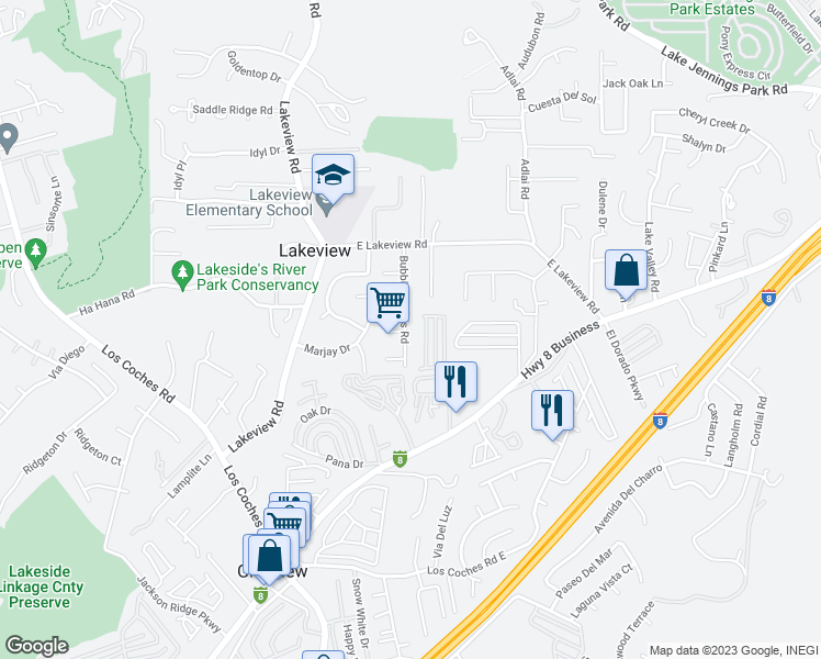 map of restaurants, bars, coffee shops, grocery stores, and more near 9025 Bubbling Wells Road in Lakeside