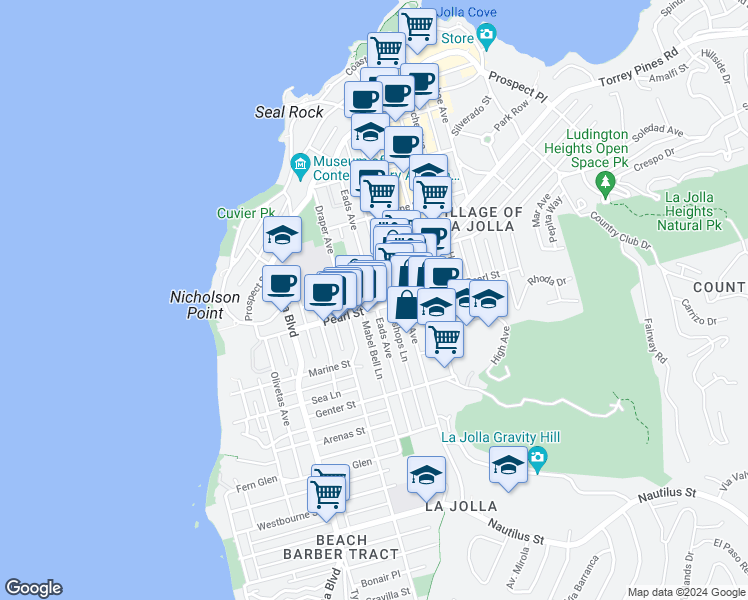map of restaurants, bars, coffee shops, grocery stores, and more near 7518 Eads Avenue in San Diego