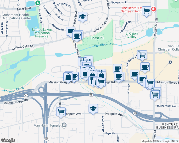 map of restaurants, bars, coffee shops, grocery stores, and more near 8915 Carlton Hills Boulevard in Santee