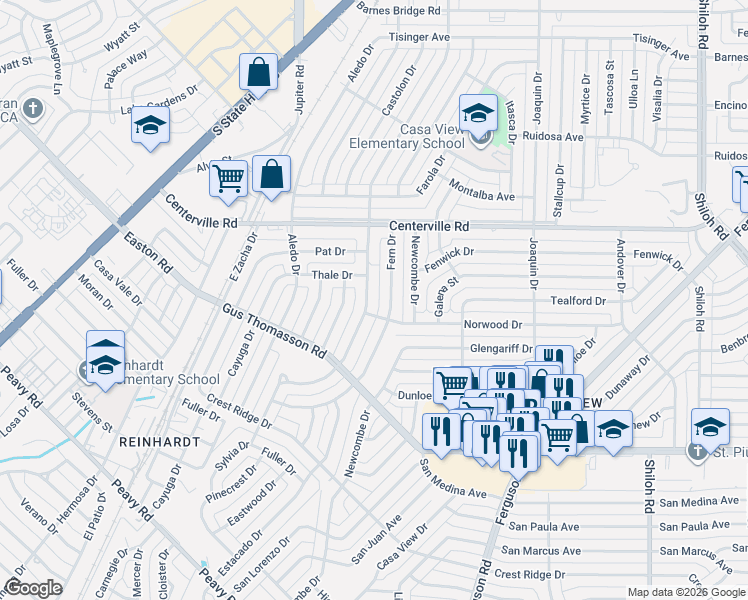 map of restaurants, bars, coffee shops, grocery stores, and more near 10467 Fern Drive in Dallas